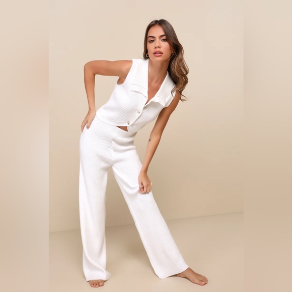 Lulus Sweater Pants - Cabincire BRAND NEW Ivory Ribbed Knit High Rise Wide Leg - Picture 7 of 11